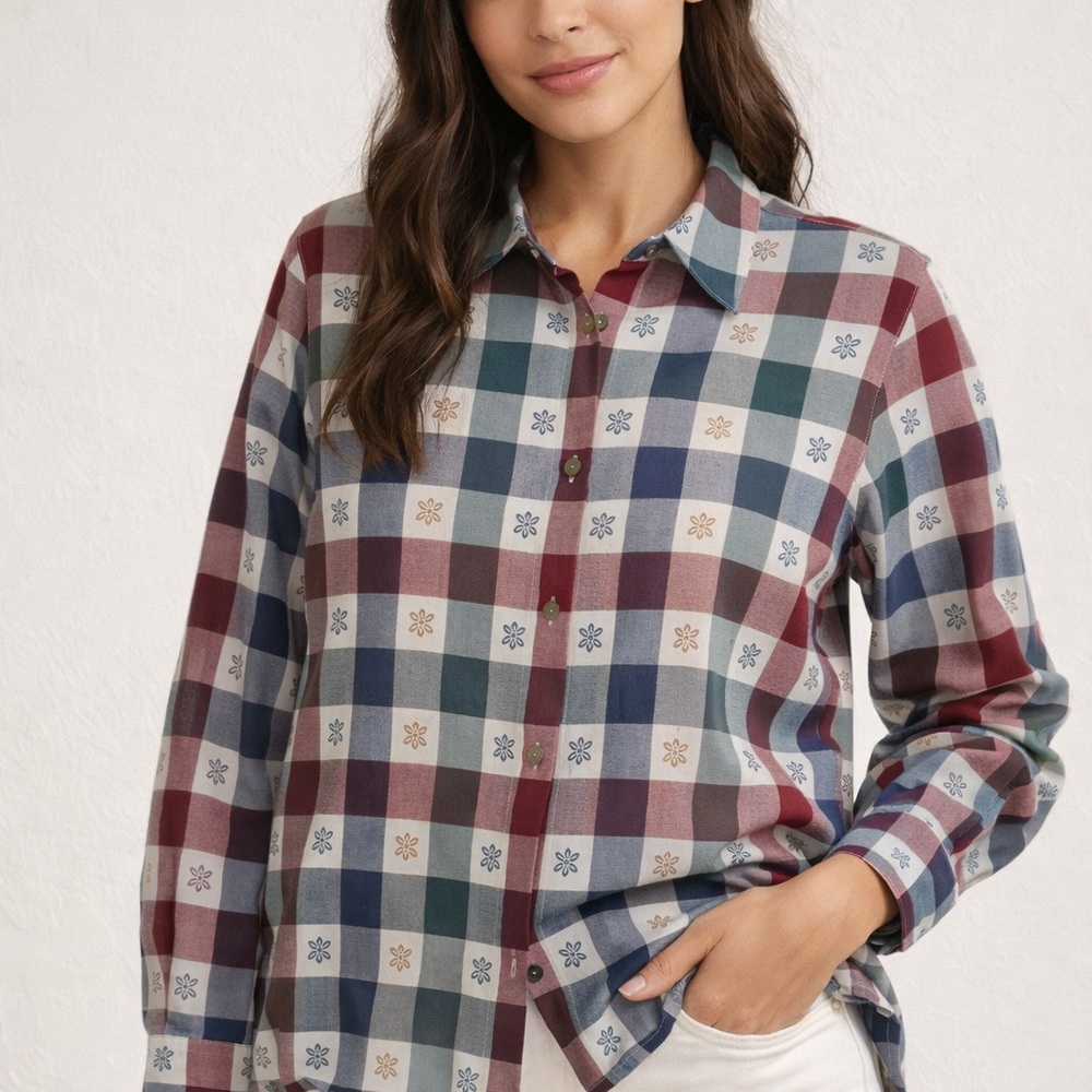 Draper's & Damon's Vintage Plaid Floral Embroidered Button Down Shirt 12P